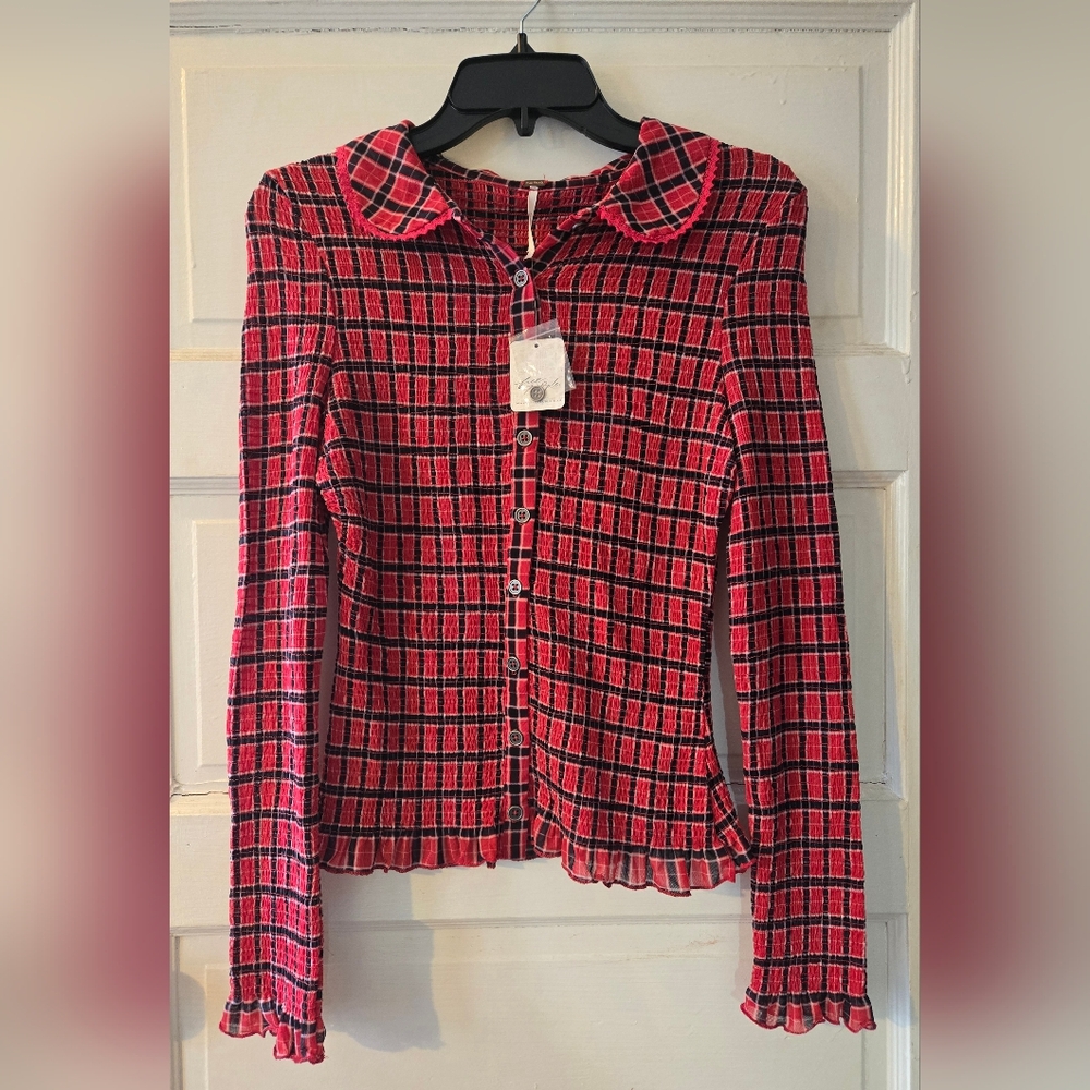 Free People Red & Black Plaid Button-Up Blouse